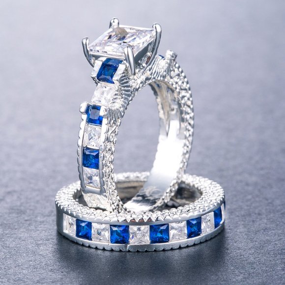 NEW 925 Sterling Silver Princess Cut Sapphire Ring - Picture 9 of 13